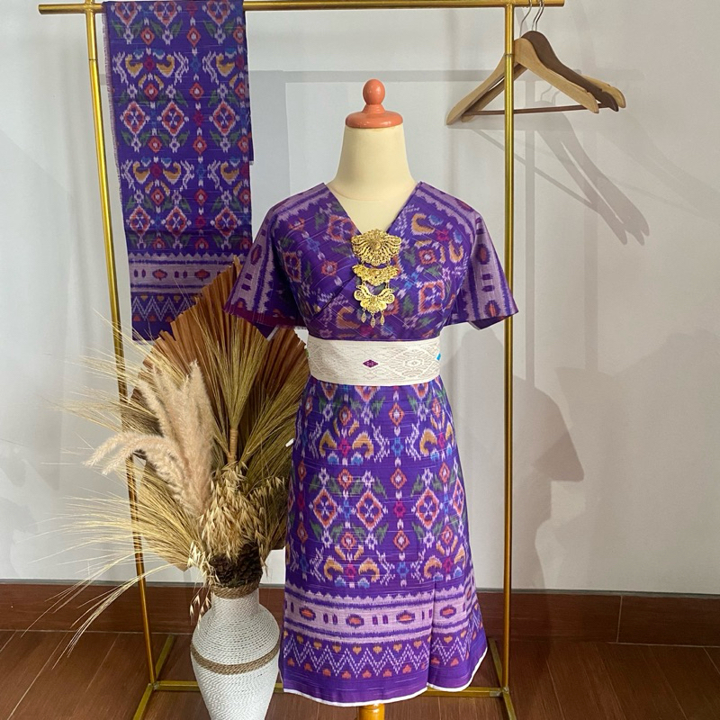 KAIN TENUN ENDEK KHAS BALI MOTIF PALEMBANG DOUBLE IKAT WARNA DASAR UNGU GRINGSING