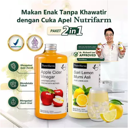 

NUTRIFARM CUKA APEL SARI LEMON PAKET 2 IN 1 CUKA APPLE CIDER VINEGAR 500ML + SARI LEMON 500ML