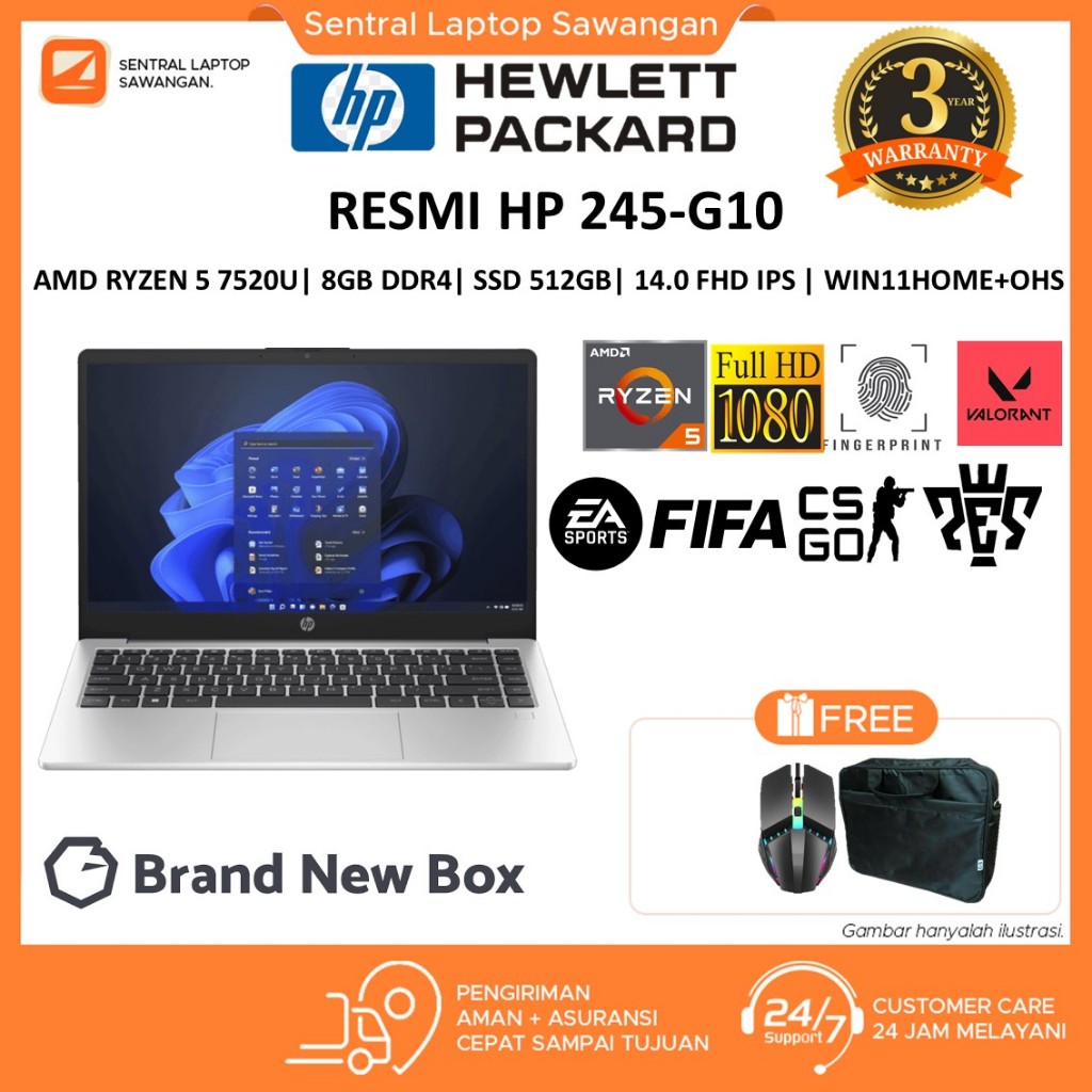 HP 245-G10 amd ryzen 5 7520u 8GB 512GB 14.0 FHD windows 11 home + OHS original
