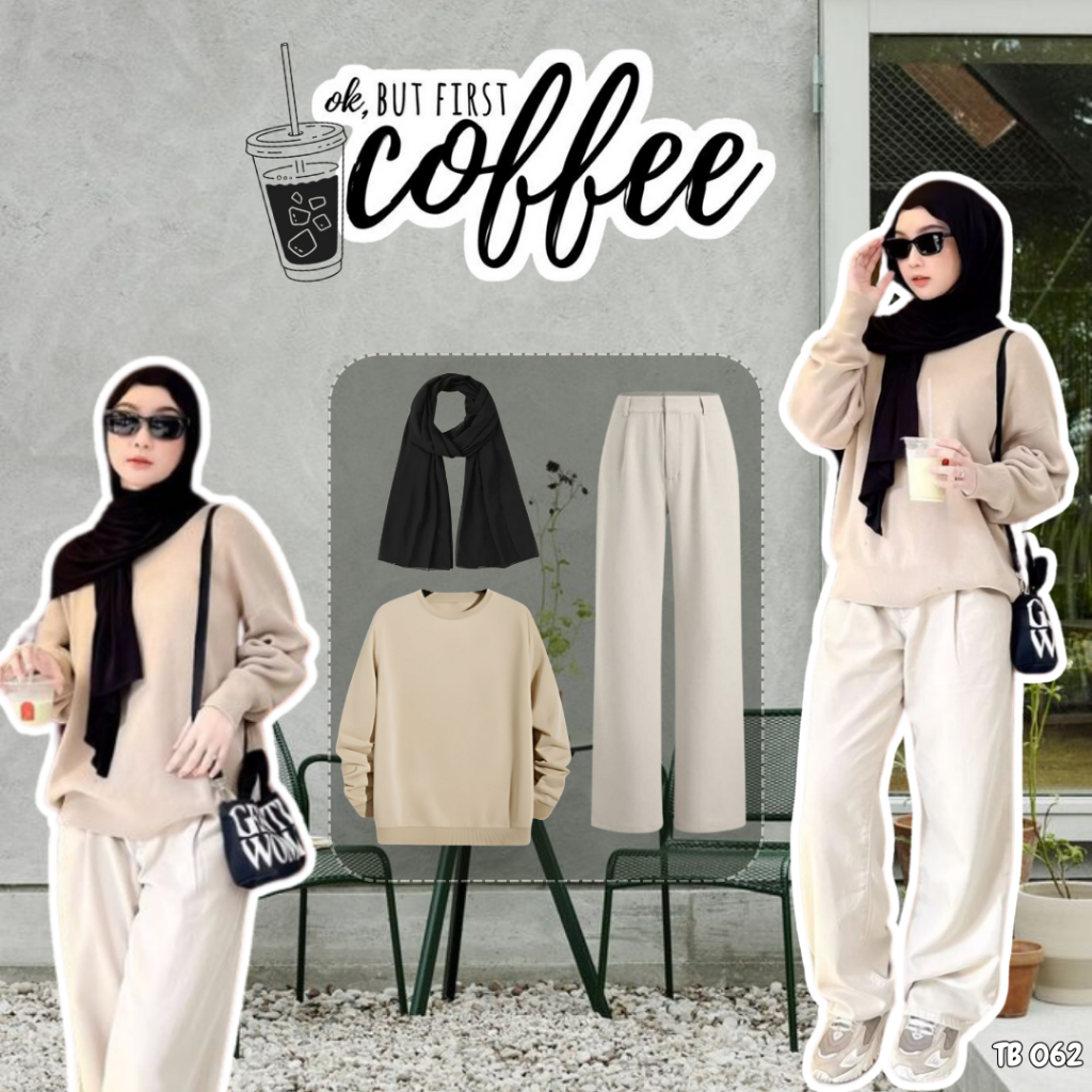 One Set Remaja OOTD Nongki Atasan Sweater Cream Oversize Celana Knit Ivory dan Pashmina Hitam TB 062