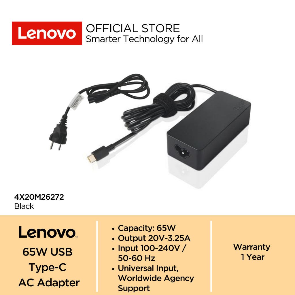 Lenovo Charger 65W USB Type C Standard AC Power Adapter / Adaptor 4X20M26272 | 01FR024 | SA10M13945 