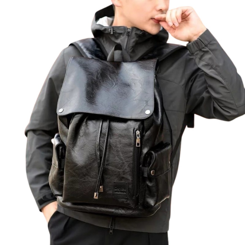Backpack Kulit PU Tas Ransel Laptop Pria Wanita Kasual Kulit Muat Banyak