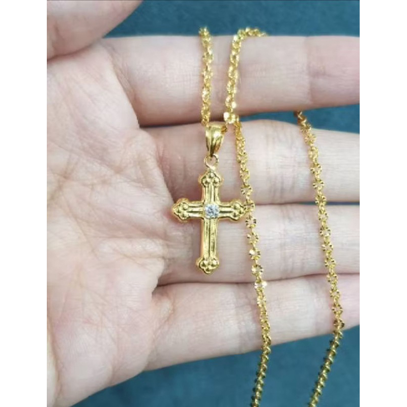 kalung fancy kristal plus liontin salib AD simple elegant emas asli kadar 700