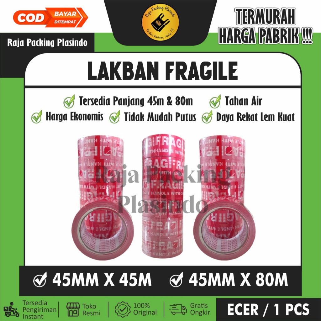 

Lakban Fragile 45mmx45m - 45mmx80m / Lakban Fragile Merah 2inch / Solatip Jangan Di Banting/Lakban Murah/Lakban Kuat/Lakban Real/Lakban Grosir