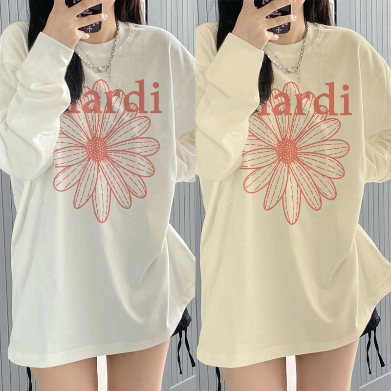 Kaos Oversize Lengan Panjang Wanita Cetakan Motif Bunga Sederhana Ala Korea/Kaos Lengan Panjang Over