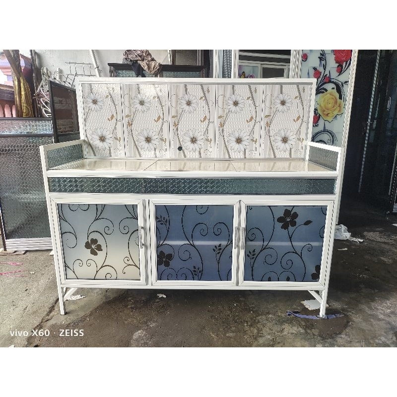 meja kompor dan rak piring putih kaca stiker mewah