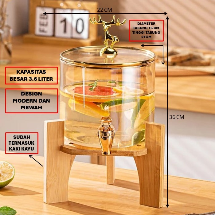 DISPENSER AIR KACA GLASS + KAKI KAYU KAKI BESI 3.6 L 2.6 L POLOS 3600 ML 2600ML MODERN AESTHETIC GOL