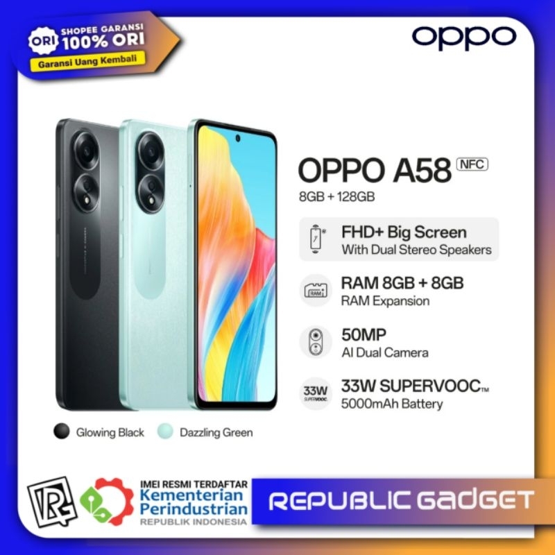 Oppo A58 Ram8/128Gb 100% Original & Bergaransi Resmi Oppo Service center Seindonesia