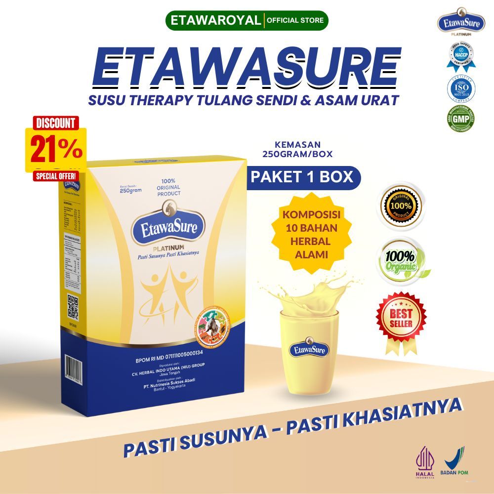 

Etawasure Platinum - Susu Etawa Terapi Tulang Sendi Asam Urat & Osteoporosis BPOM - Paket 1 Box