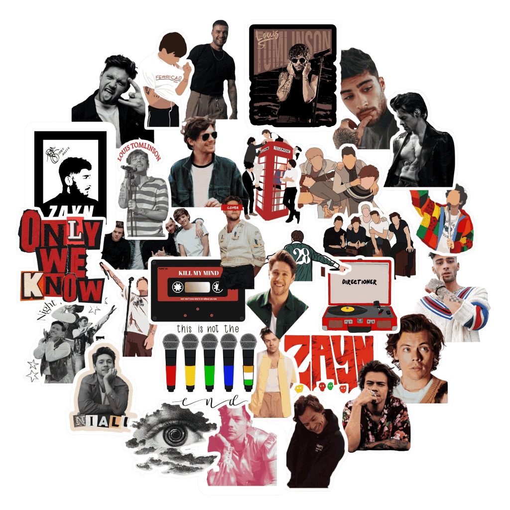 

One Direction Sticker Packs 30+ Pcs Anti Air Bahan Vinyl | Stiker Handphone / Ipad | Stiker Helm | Stiker Buku | Stiker Laptop