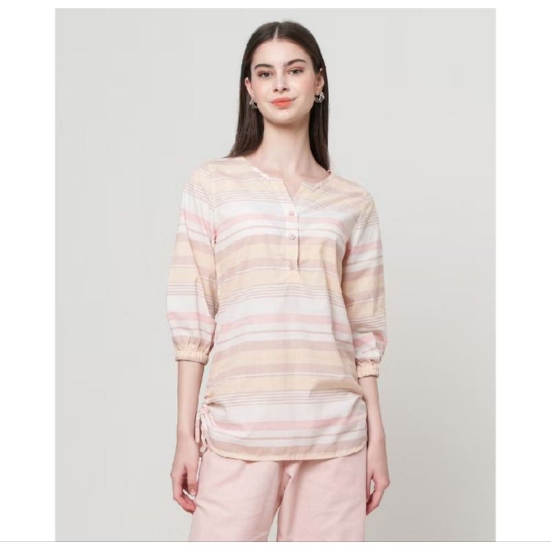 New MCB Blouse Wanita Motif Salur V Carina Peach Ready Kemeja Wanita