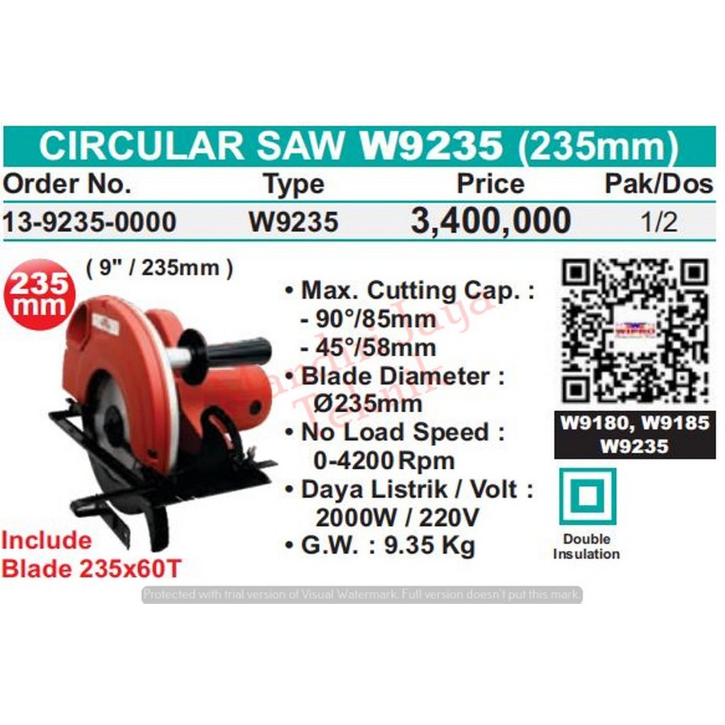 Mesin Gergaji Kayu Circular Saw 235mm W9235 WIPRO