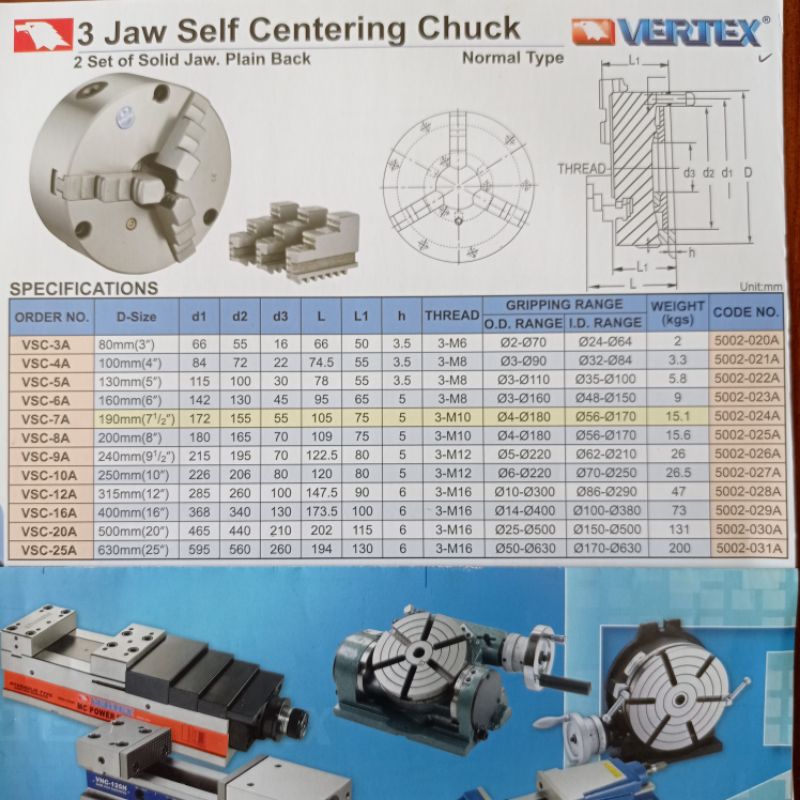 Vertex 3 jaw self centering chuck vsc-5A