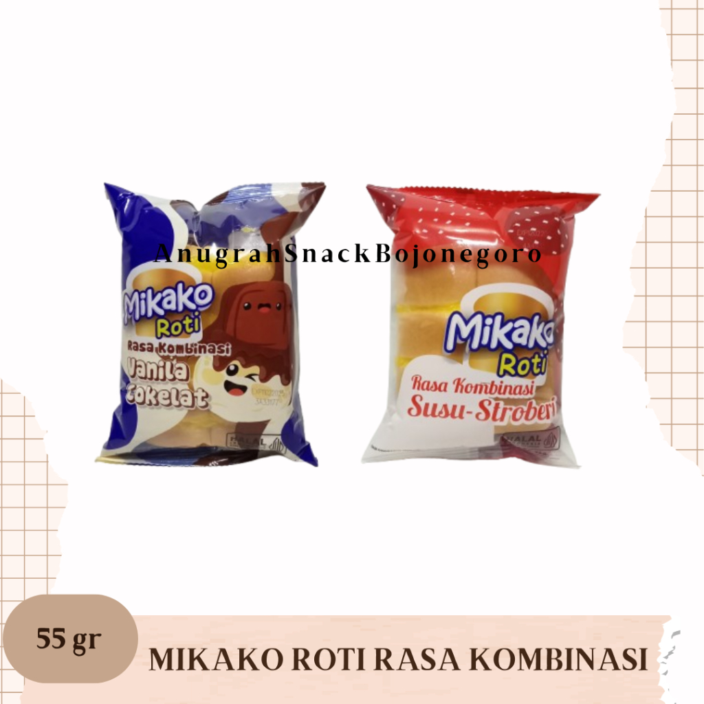 

Mikako Roti Rasa Kombinasi 55gr (Vanila Cokelat / Susu Stroberi)