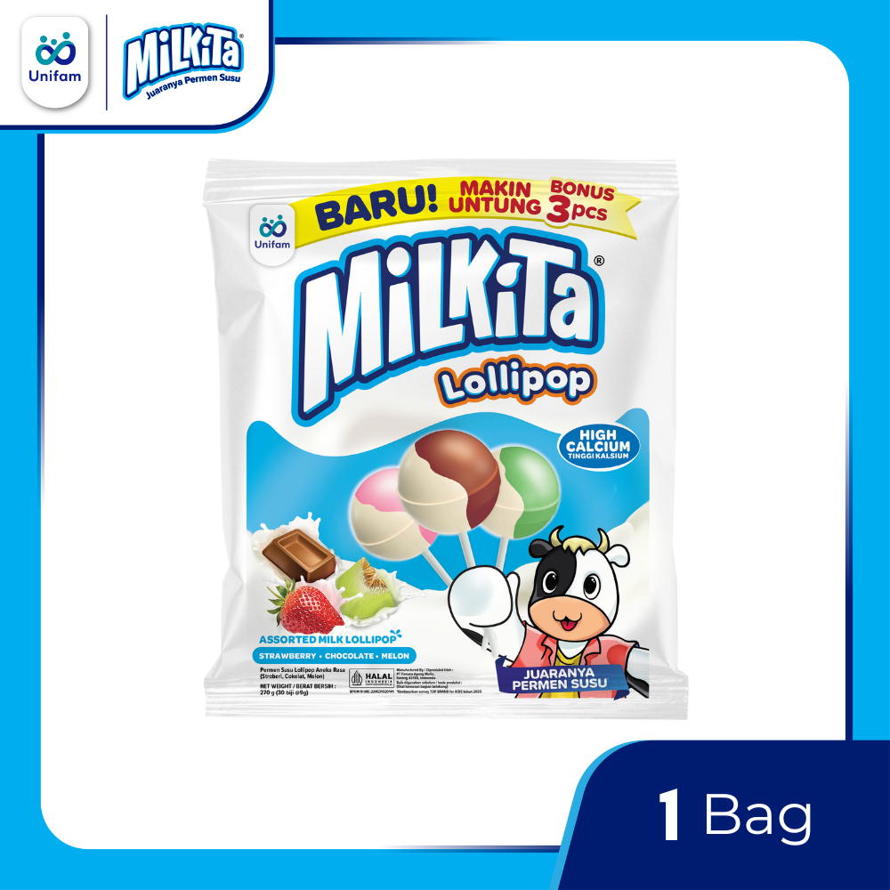 

Milkita Permen Lolipop Susu Max Refill - Milk Candy 1 Bag (Isi 30+3 Pcs) @9 Gram - Coklat, Strawberry, Melon