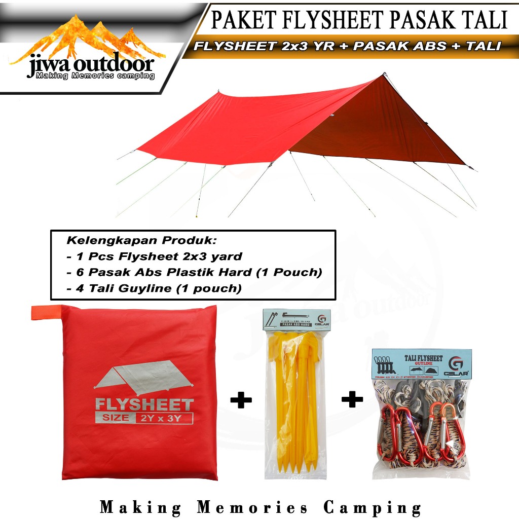 paketan flysheet 200 x 300 + 6 pasak abs + 4 tali guyline flysheet set waterproof atap tenda outdoor