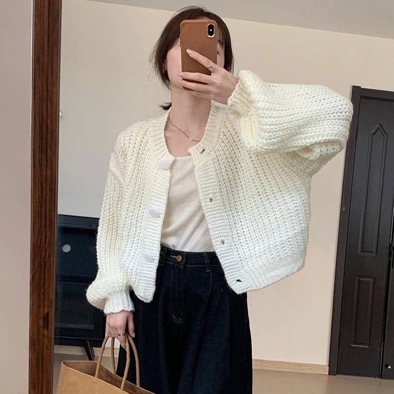 YURUMA Jaket Kardigan Kancing Sweter Lengan Panjang Pelangsing Leher Bulat Ala Korea