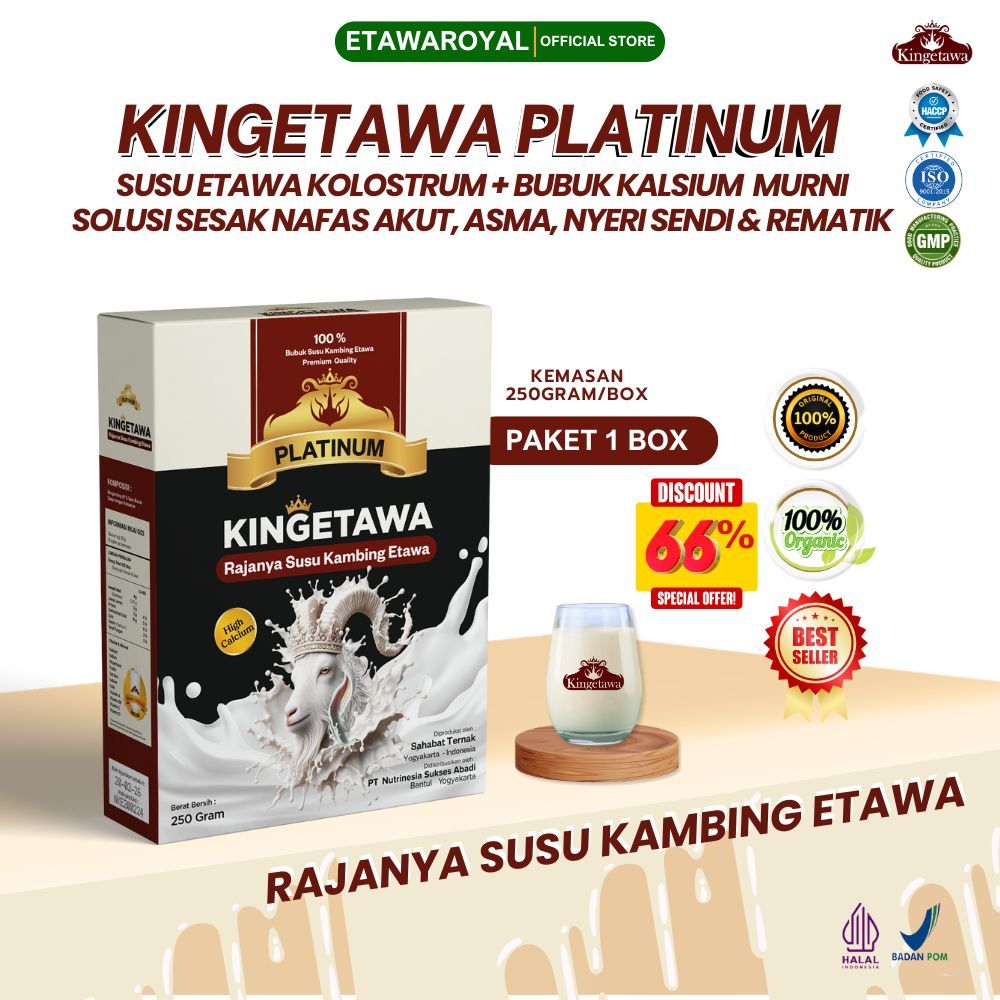 

Kingetawa Platinum Susu Kambing Etawa Premium Untuk Nyeri Sesak Nafas dan Rematik Paket 1 Box KEMASAN 250GR