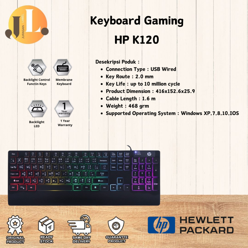 Keyboard Gaming HP K120 Membrane Keyboard With Chocolate Keycaps RGB