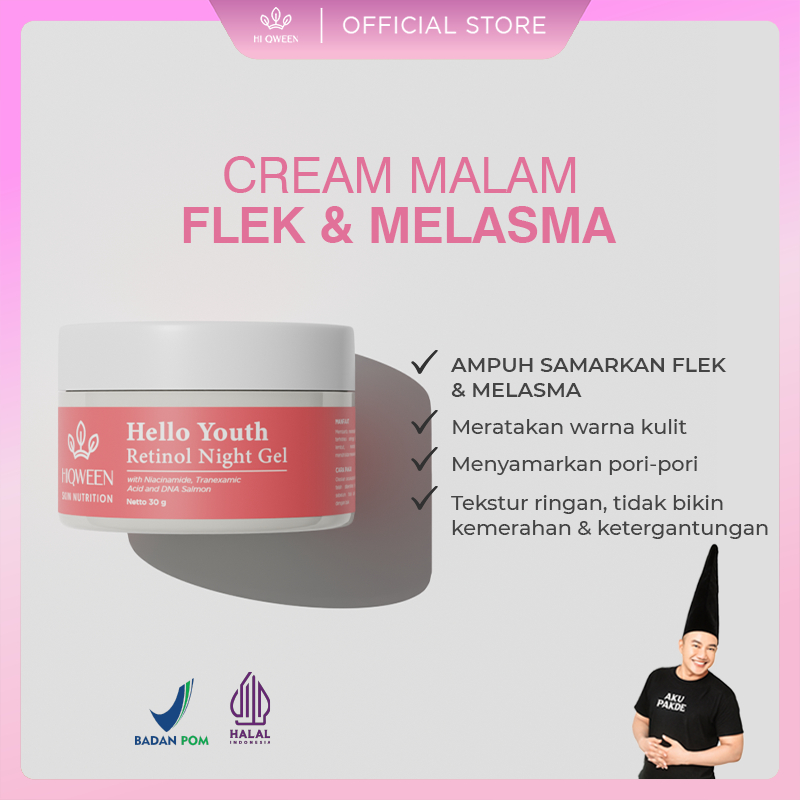HIQWEEN RETINOL NIGHT GEL CREAM MALAM HELLO YOUTH RETINOL UNTUK FLEK HITAM MELASMA MENCERAHKAN