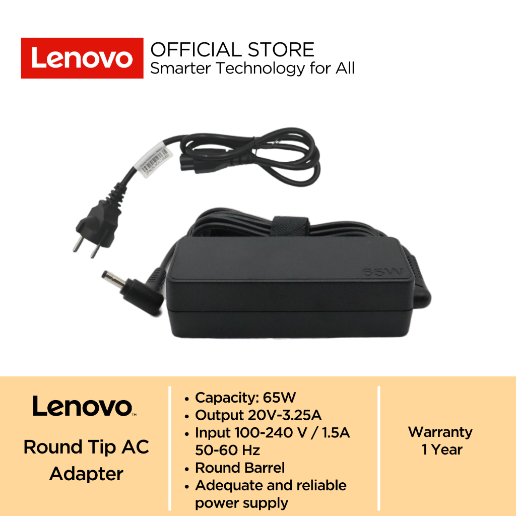 Lenovo AC Adapter 65W Round Tip 3Pin 20V 3.25A 4X21K07722 Charger Laptop Ujung Bulat