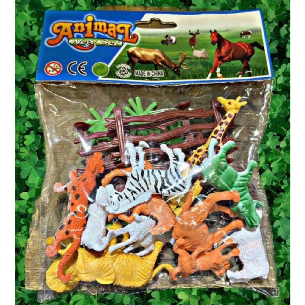 MAINAN MINIATUR HEWAN KARET KECIL ISI 12 PCS PLUS PAGAR POHON ANIMAL NEW SET