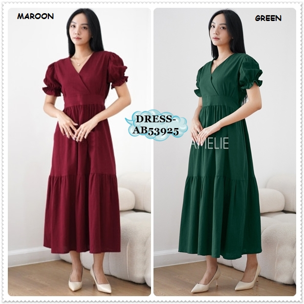 AB53625 Long Dress Gaun Pesta Malam Natal Linen Wanita Korea Import Merah Maroon Red Hijau Green Sag