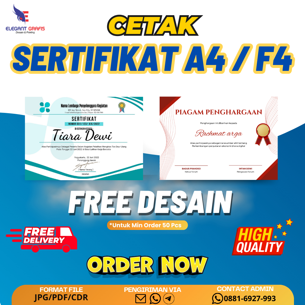 

CETAK PIAGAM PENGHARGAAN A4 & F4 CEPAT MURAH BERKUALITAS BAHAN CONCORD BERTEKSTUR