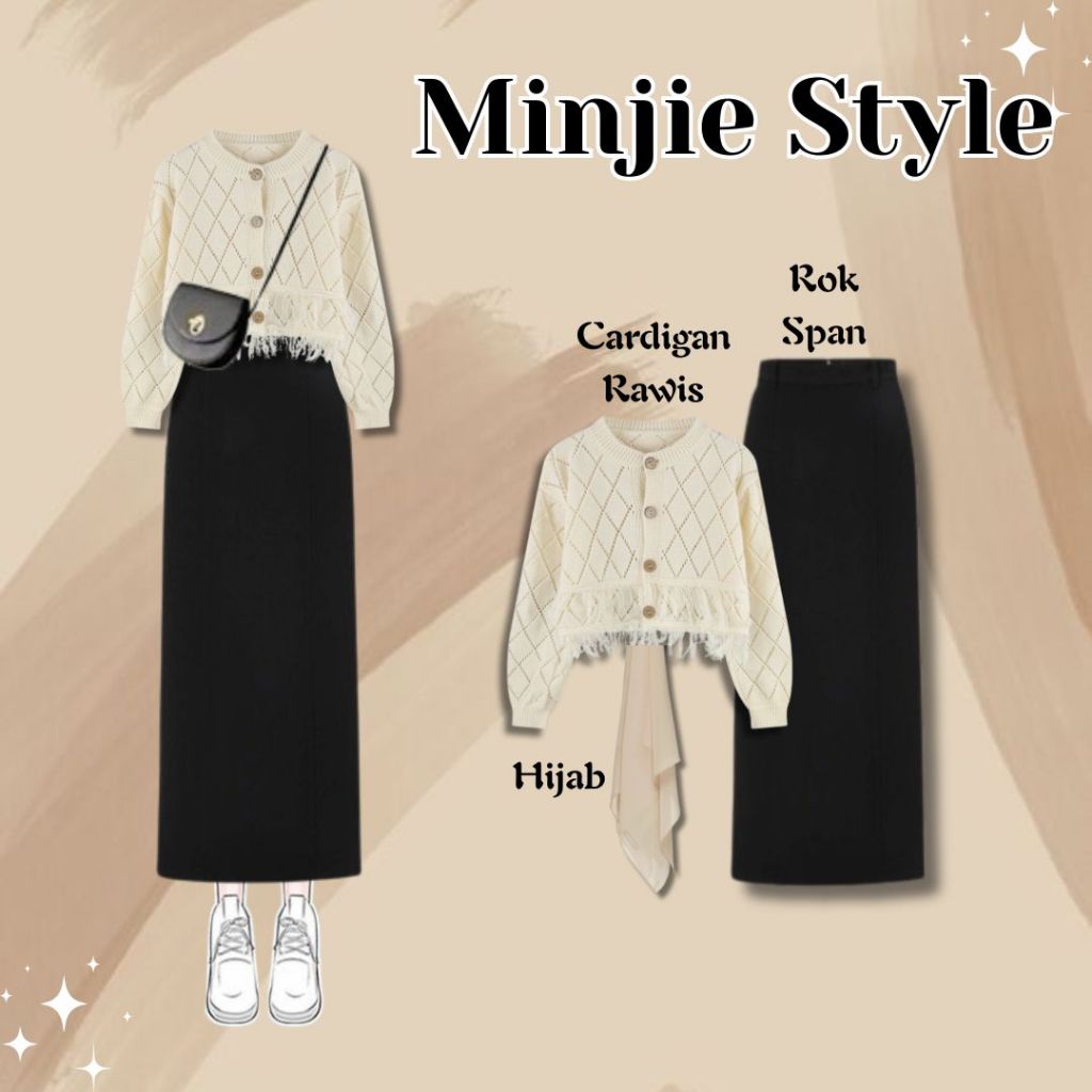 One Set Korean Kekinian ( Cardigan Rawis + Rok Span + Hijab ) | Minjie OOTD Style Terbaru
