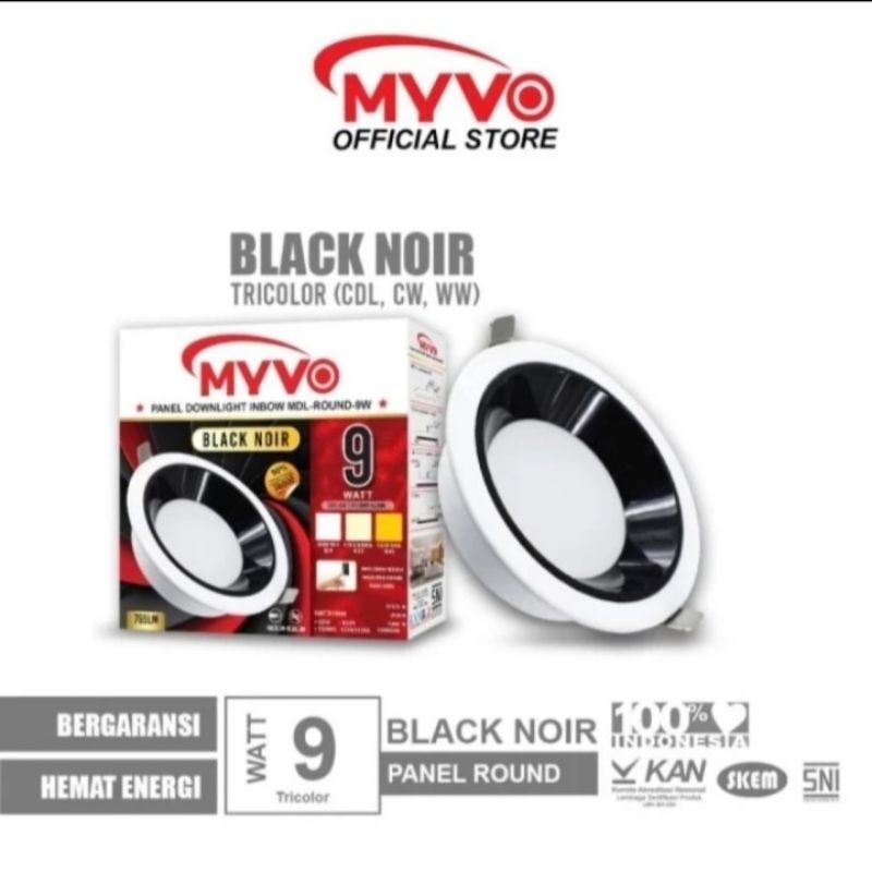 LAMPU LED PANEL DOWNLIGHT 3WARNA 9WATT 9W MYVO BLACK NOIR GLASS PANEL PLAFON SNI