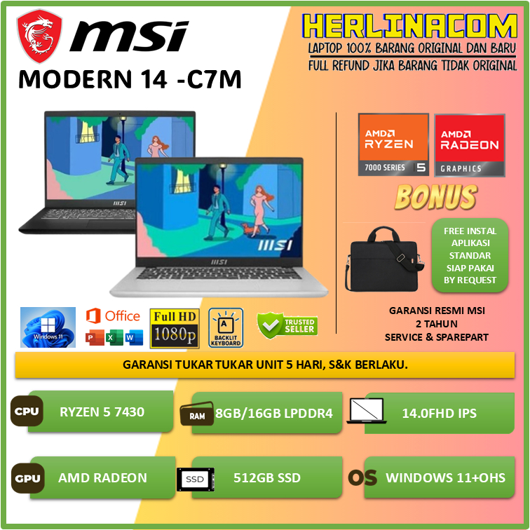 MSI MODERN 14 RYZEN 5 7430 16GB 512GB SSD WINDOWS 11 OHS 14.0FHD IPS