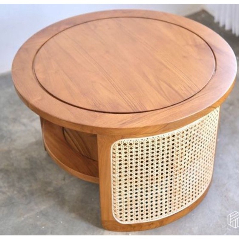 Meja Tamu Kayu Jati Asli – Coffee Table Bulat Lingkaran, Mix Anyaman Rotan Solid