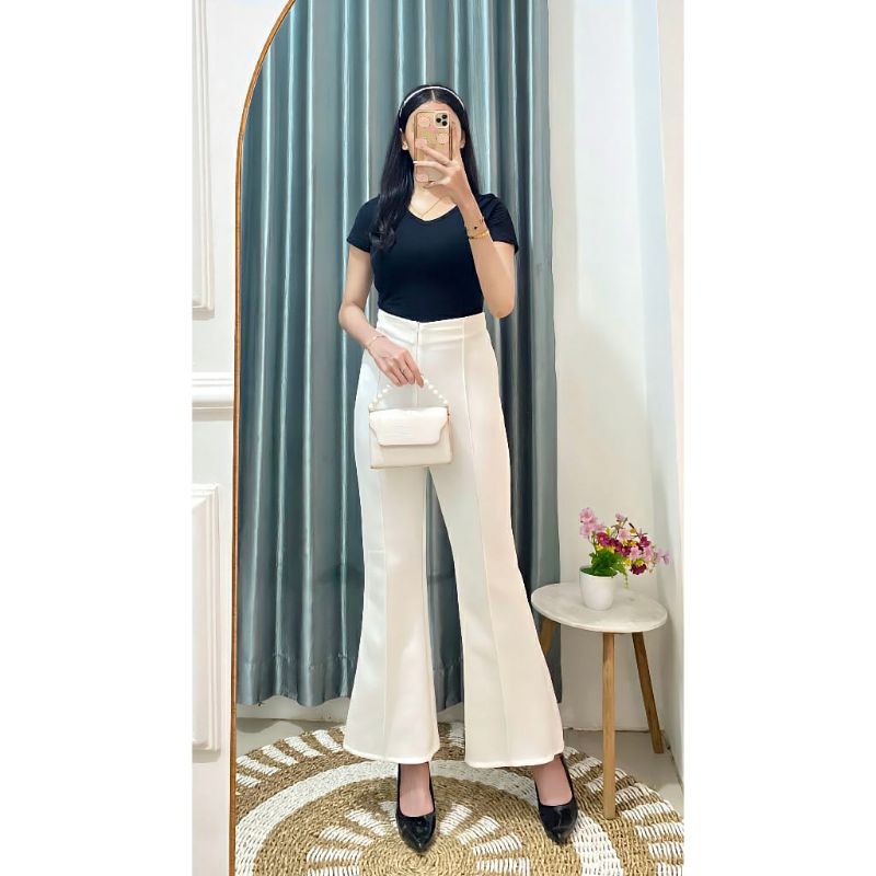 Celana Panjang Putih Wanita Celana Cutbray wanita Kulot Flare Pants-Highwaist