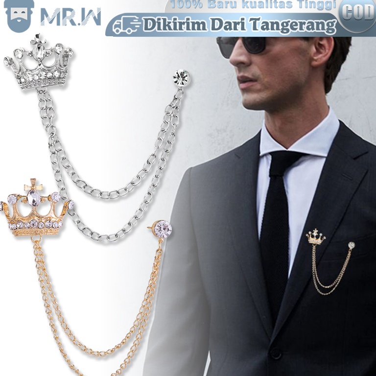 Stock Update Bros Rantai Jas Pria Lapel Pin Bros Jas Bentuk Crown Pin Bros Rantai Brooch Rantai
