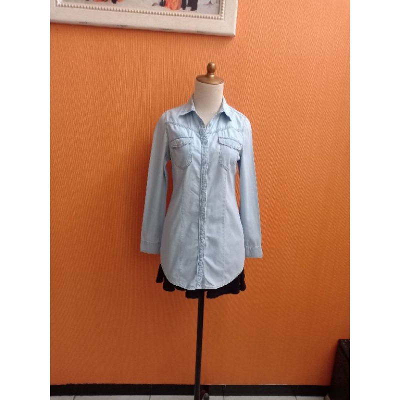 atasan kemeja wanita biru muda pastel BALENO cewek M lengan panjang MEWAH kerja kuliah bersih
