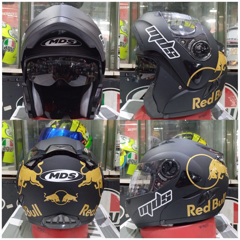 HELM MDS PRO RIDER SOLID BLACK DOFF|MATT RED BULL DOUBLE VISOR