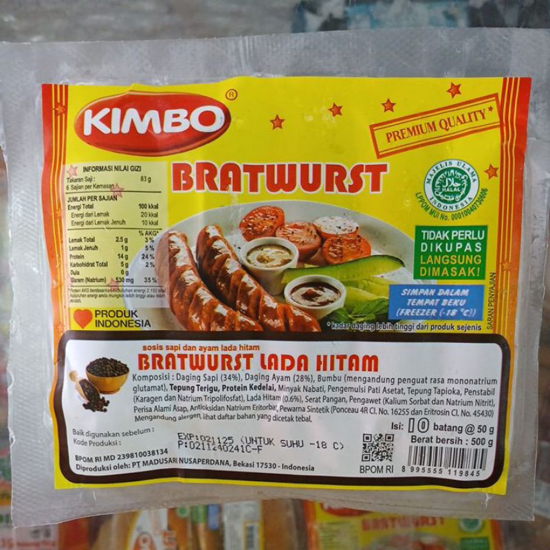 

KIMBO BRATWURST LADA HITAM SOSIS SAPI DAN AYAM LADA HITAM 500 GRAM ISI 10 BATANG