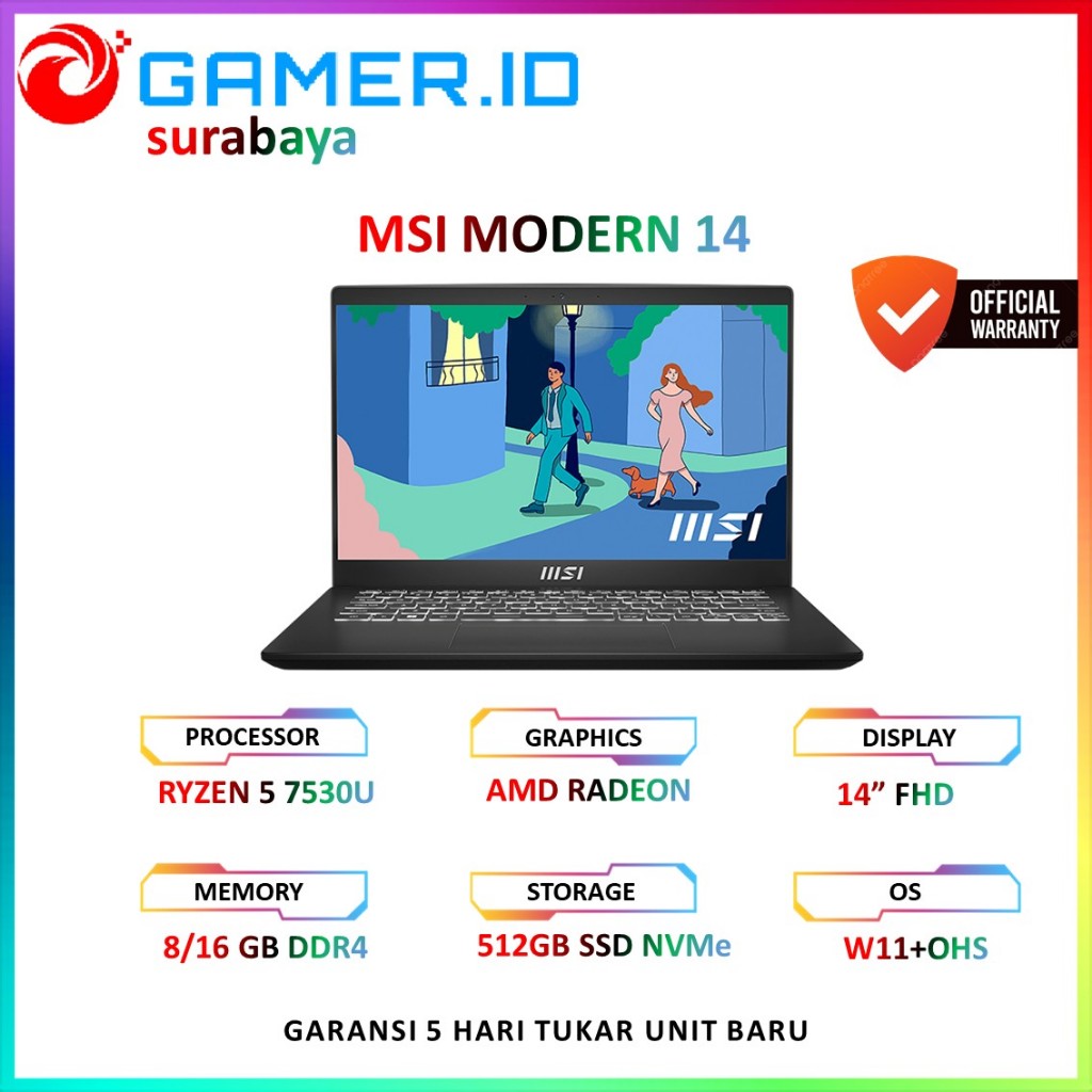 MSI MODERN 14 RYZEN 5 7430 - 8GB 512GB 14.0FHD IPS