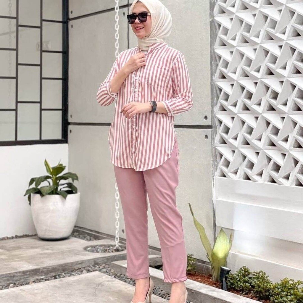 stelan kemeja salur wanita termurah kemeja wanita atasan one set stelan terbaru bisa cod kerah ciang