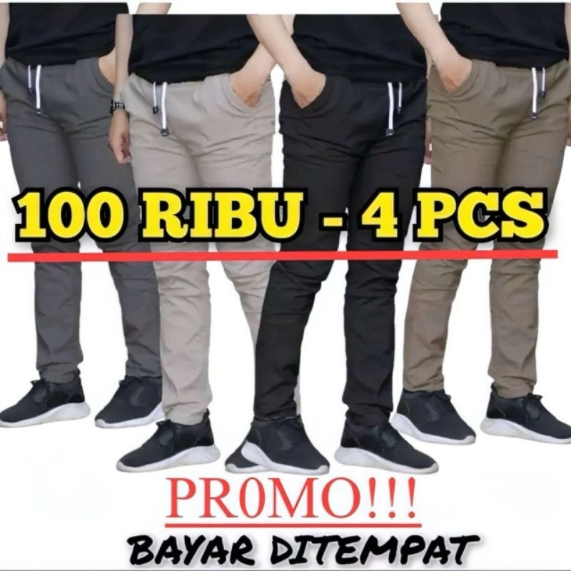 PROMO 4 PCS CELANA CHINOS PRIA JUMBO - Bahan Premium, Pinggang Karet - Harian, Kerja, Santai