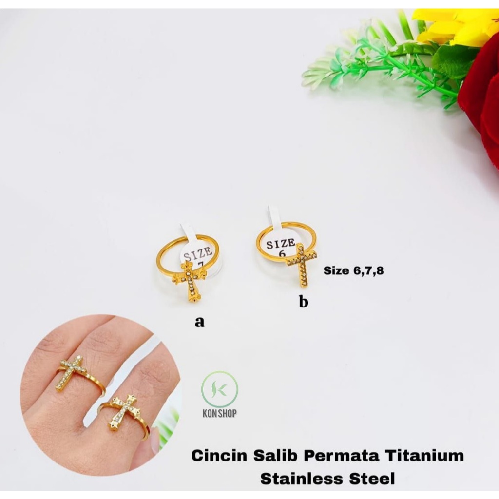 Cincin Salib Permata Titanium Stainless Steel Anti Karat
