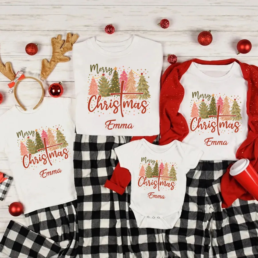 Baju Kaos Natal Couple Keluarga Custom Nama Family - Christmas Tree | Baju Tshirt Seragam Xmas Reque