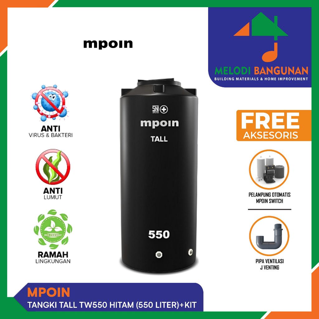 Mpoin - Tangki + Tandon + Toren Air + Water Tank TW550 TW 550 Tall Wave Tinggi Ramping Hitam Anti Lu