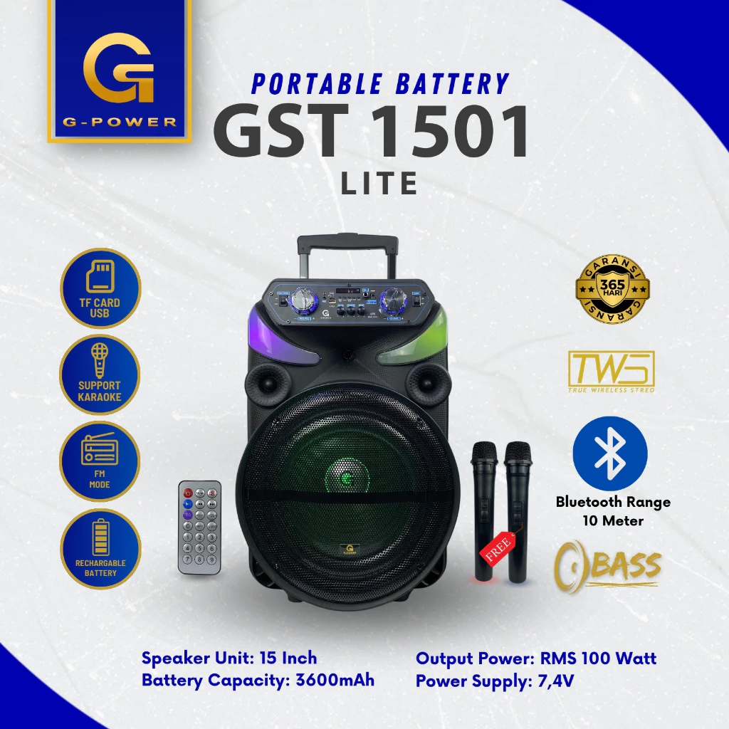 Speaker Portable G Power GST-1501 EQ Double Mic 15" Loudspeaker EQ GST-1501