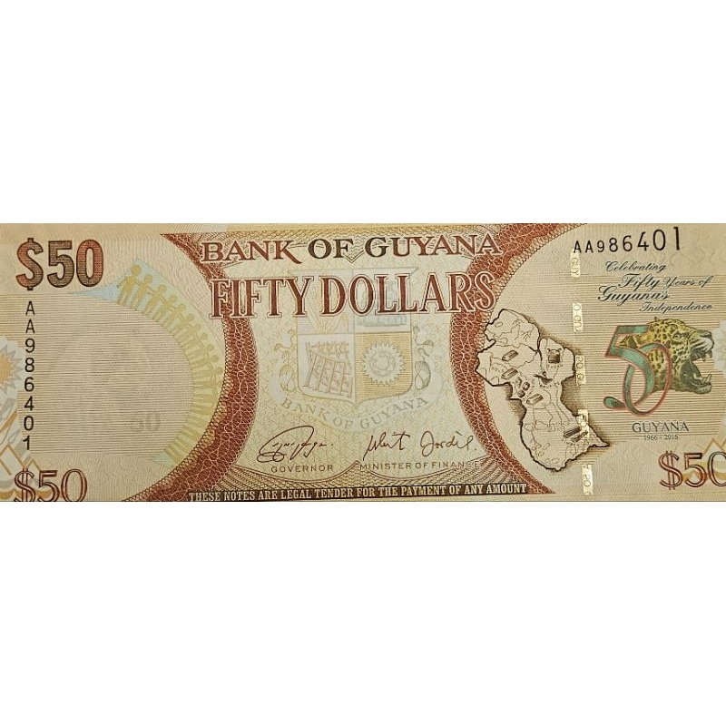 Uang Guyana 50 Dollar UNC Original 100% Peringatan 50 tahun kemerdekaan guyana