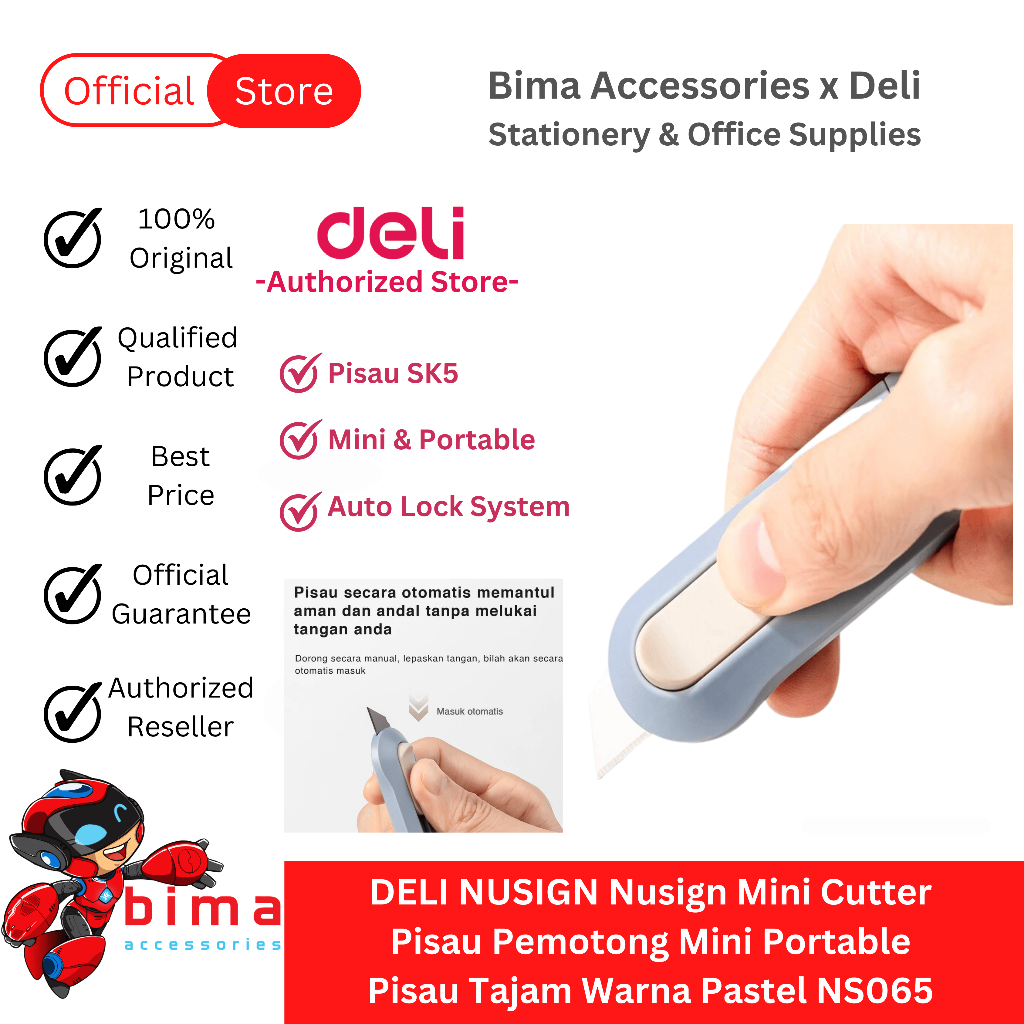 

DELI NUSIGN Mini Cutter Pisau Pemotong Kertas Pisau Stainless Tajam Anti Karat Auto-Lock NS065