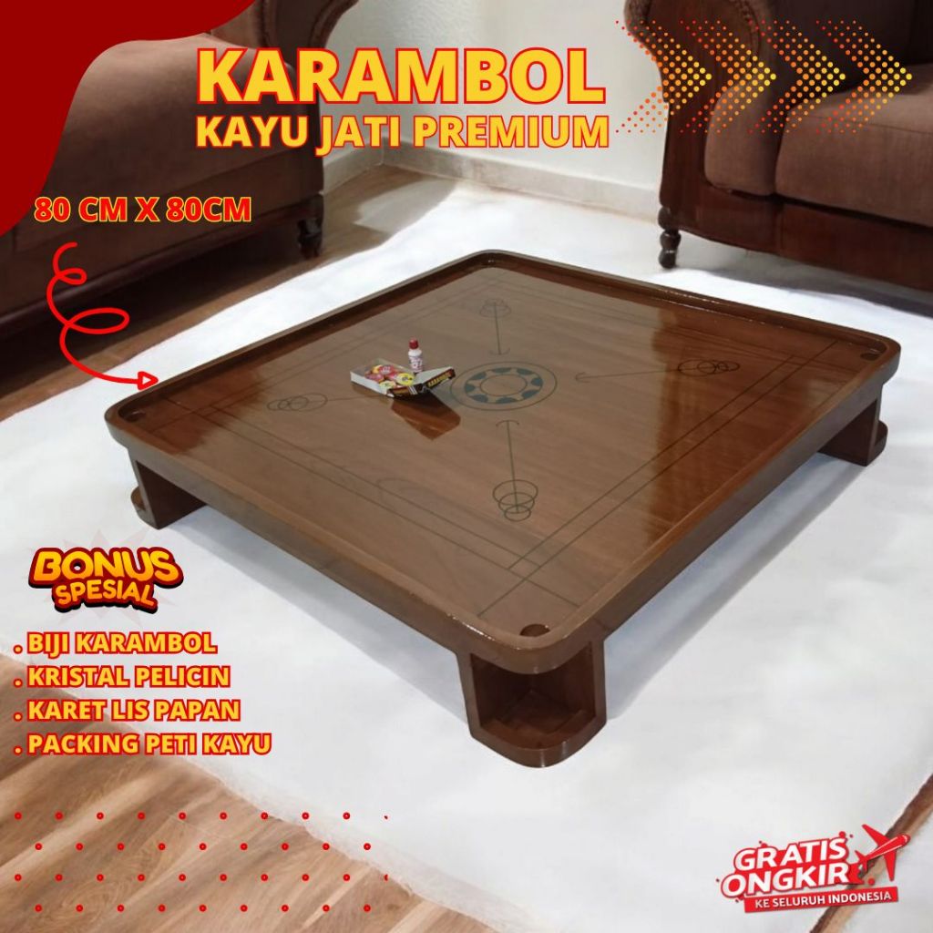 Papan Meja Karambol Kayu Jati Premium Lengkap 1 Set Komplit Ukuran Mini 80x80 - JT80.1