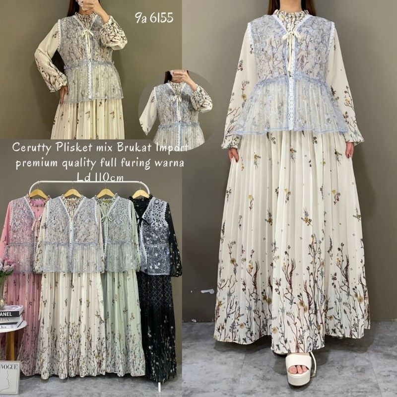 Gamis Dress Bahan Ceruti Plisket Motif Bunga Vest Brukat