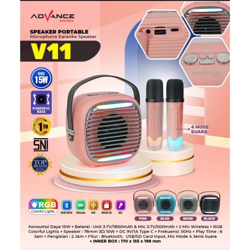 ADVANCE SPEAKER PORTABLE KARAOKE MINI BONUS 2 MIC V-11