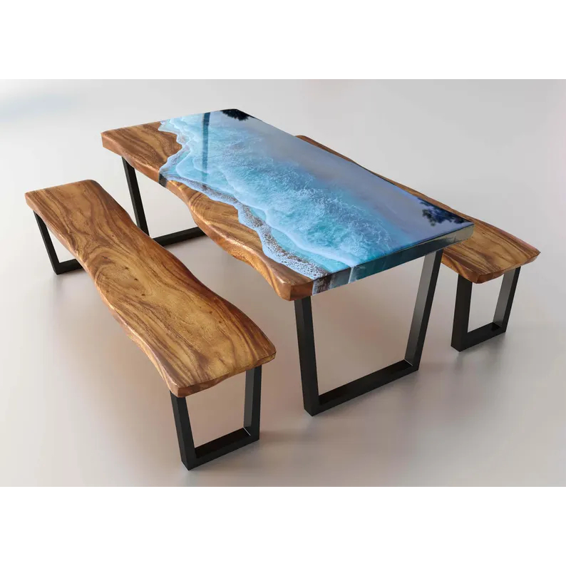 Meja Makan Ruang Tamu Resin Kayu Satu Set Biru Ombak Laut Modern Minimalist